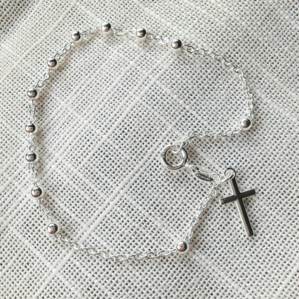 NWT Sterling Silver decade rosary prayer bracelet Cross charm